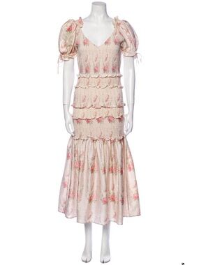 LoveShackFancy Pink Floral Smocked Tiered Midi Dress